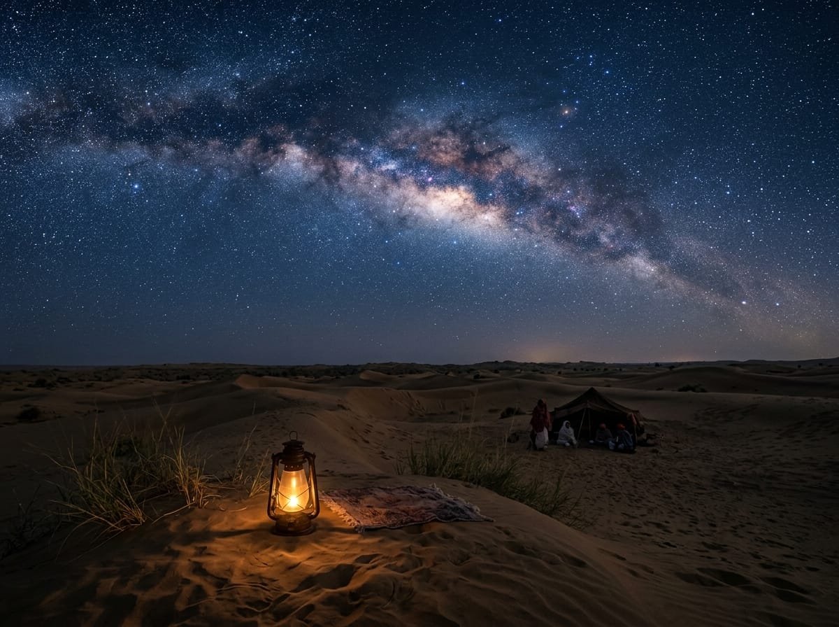 Milky Way starry night sky over the quiet sand dunes of Khuri with campfire glow