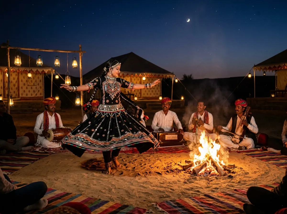 Rajasthani folk dancer and Manganiyar musicians around campfire