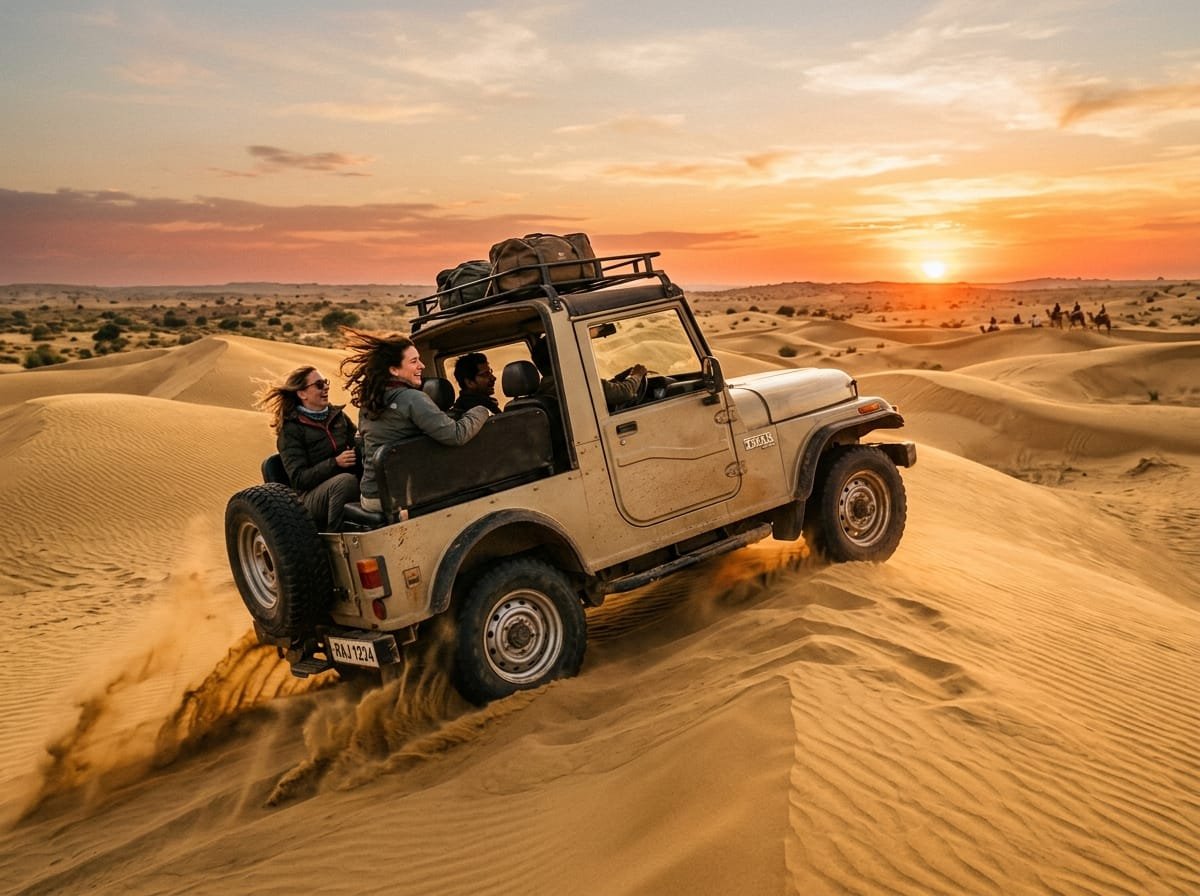 4x4 open desert jeep driving across sand dunes in Jaisalmer