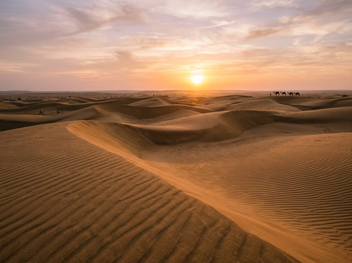 Golden sunset over the quiet sand dunes of Khuri Jaisalmer