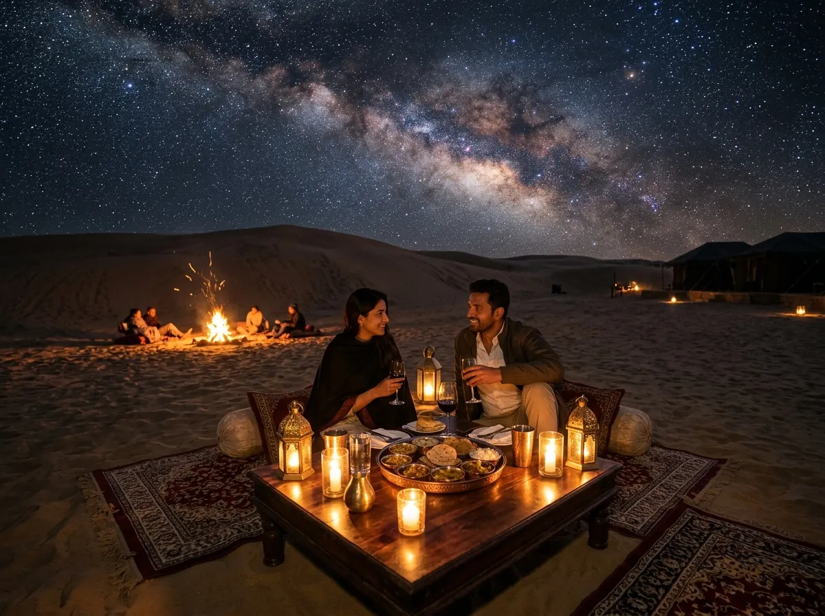 Dinner on desert sand under starry Milky Way sky