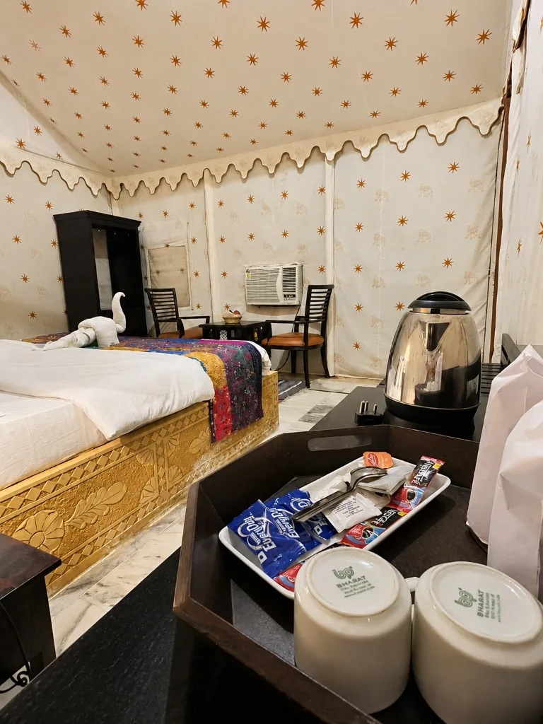 Super Deluxe Tent air conditioning, tea coffee maker station and double bed